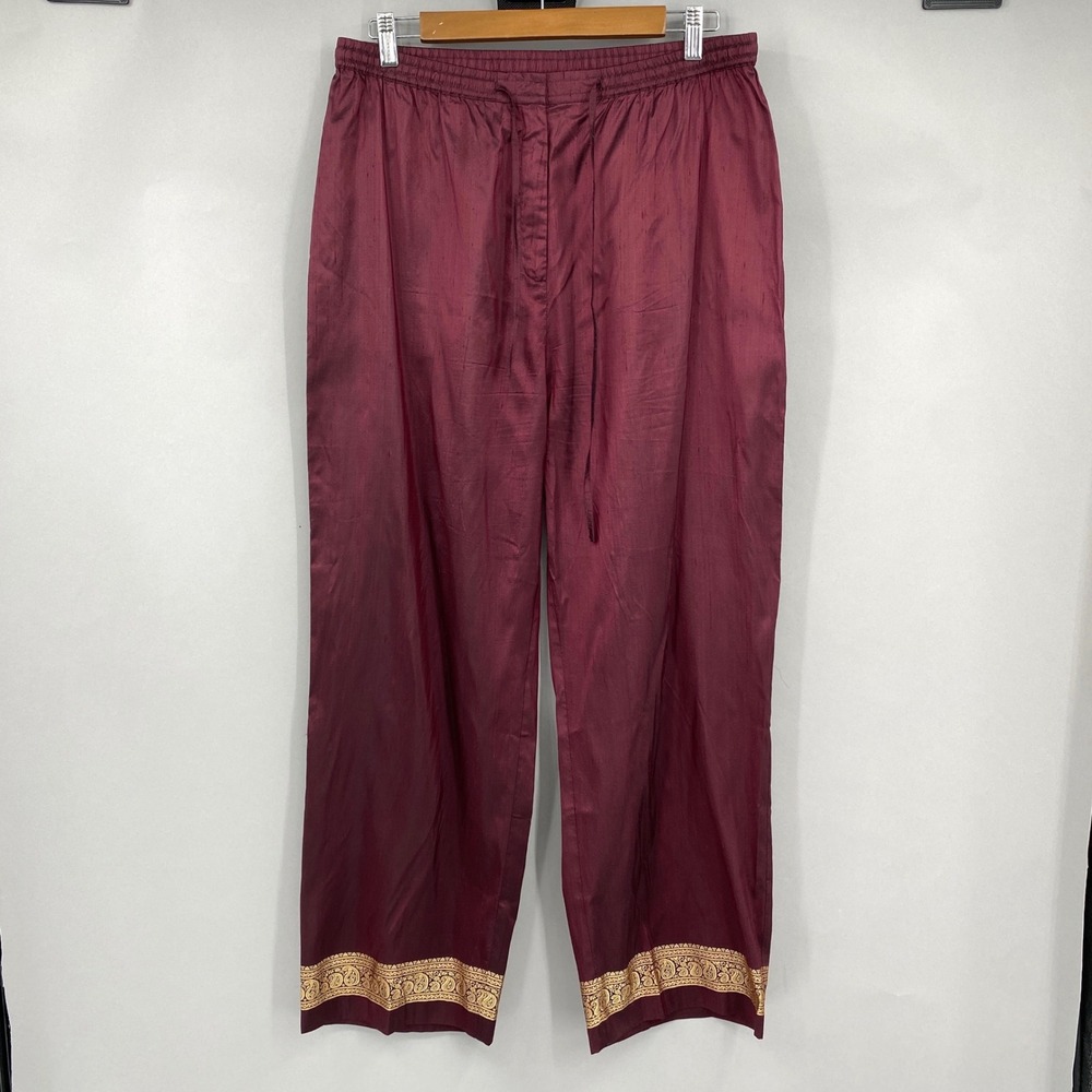 Vtg 90s J. Jill Silk Wide Leg Pants Womens L Burgundy Gold Paisley Boho Witch